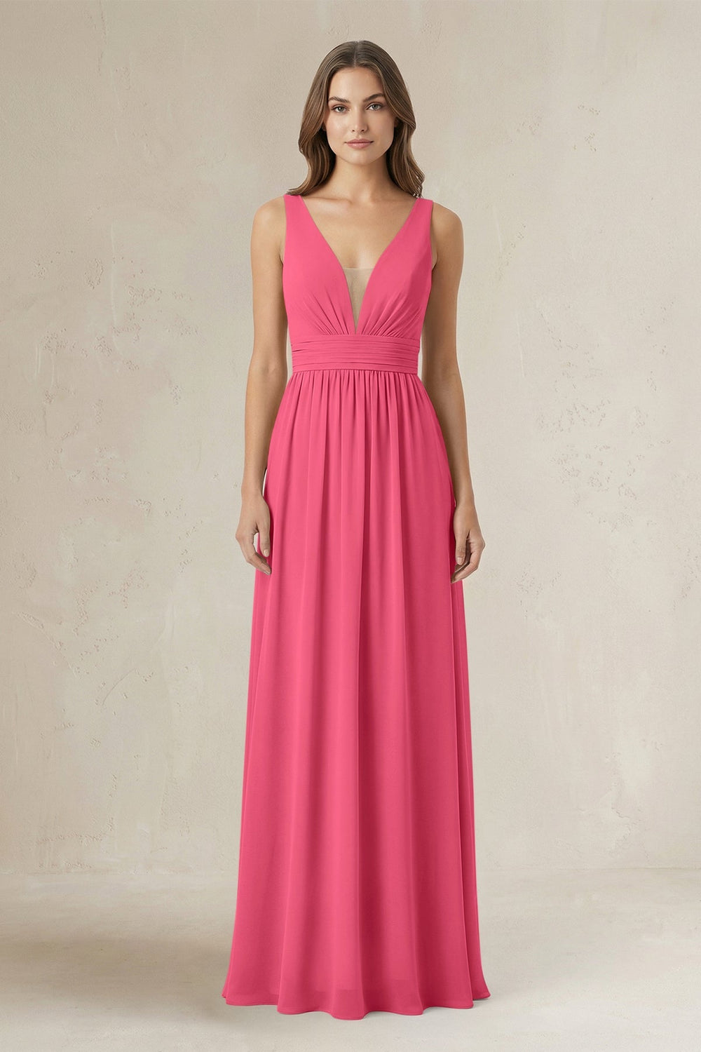 Illusion V - Neck A - Line Ruched Bridesmaid Dress in Fuchsia - KISS BRIDAL Bridesmaid Dresses
