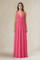 Illusion V - Neck A - Line Ruched Bridesmaid Dress in Fuchsia - SHE IS ME Bridesmaid Dresses