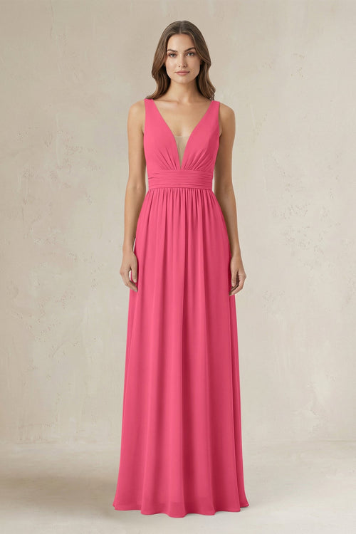 Illusion V - Neck A - Line Ruched Bridesmaid Dress in Fuchsia - SHE IS ME Bridesmaid Dresses