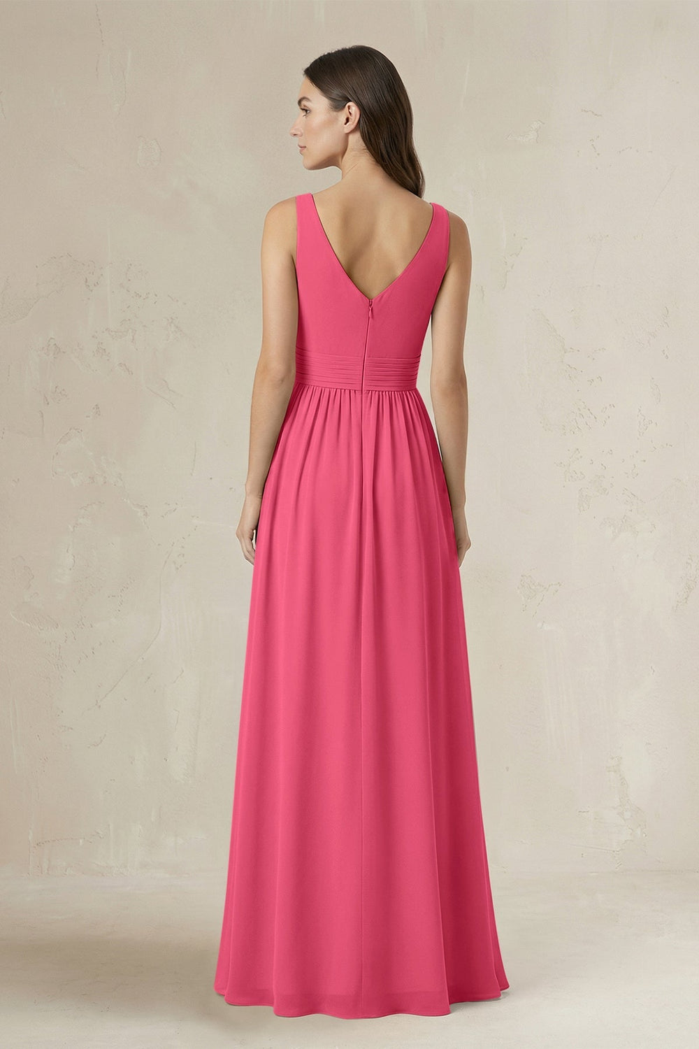 Illusion V - Neck A - Line Ruched Bridesmaid Dress in Fuchsia - KISS BRIDAL Bridesmaid Dresses