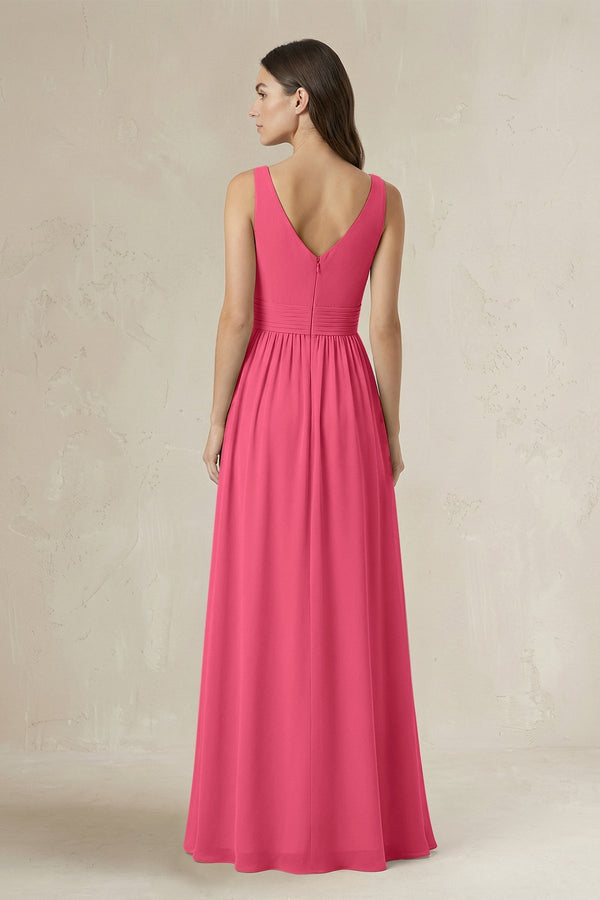 Illusion V - Neck A - Line Ruched Bridesmaid Dress in Fuchsia - SHE IS ME Bridesmaid Dresses