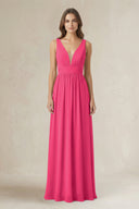 Illusion V-Neck A-Line Ruched Bridesmaid Dress in Fuchsia | KISSBRIDAL