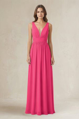 Illusion V-Neck A-Line Ruched Bridesmaid Dress in Fuchsia | KISSBRIDAL