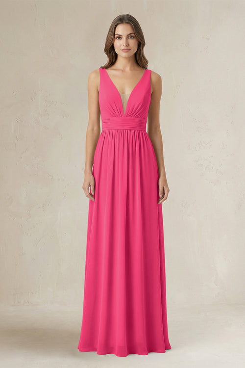 Illusion V-Neck A-Line Ruched Bridesmaid Dress in Fuchsia | KISSBRIDAL