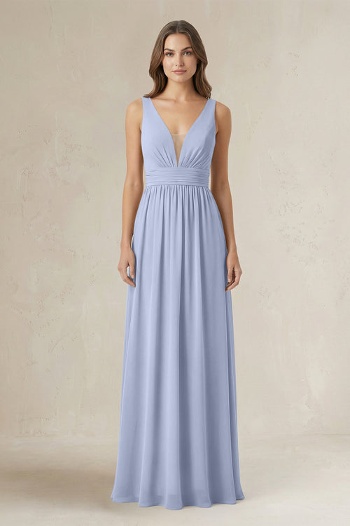 Illusion V-Neck A-Line Ruched Bridesmaid Dress in Ice | KISSBRIDAL