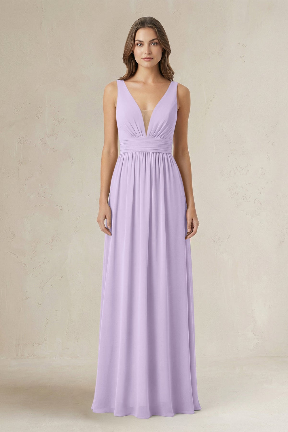 Illusion V - Neck A - Line Ruched Bridesmaid Dress in Lavender - KISS BRIDAL Bridesmaid Dresses