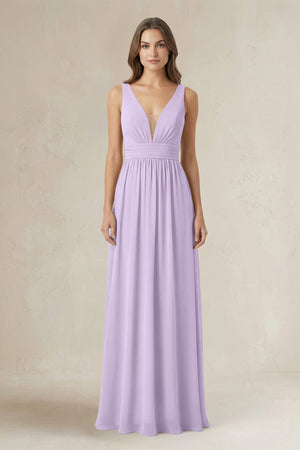 Illusion V - Neck A - Line Ruched Bridesmaid Dress in Lavender - SHE IS ME Bridesmaid Dresses