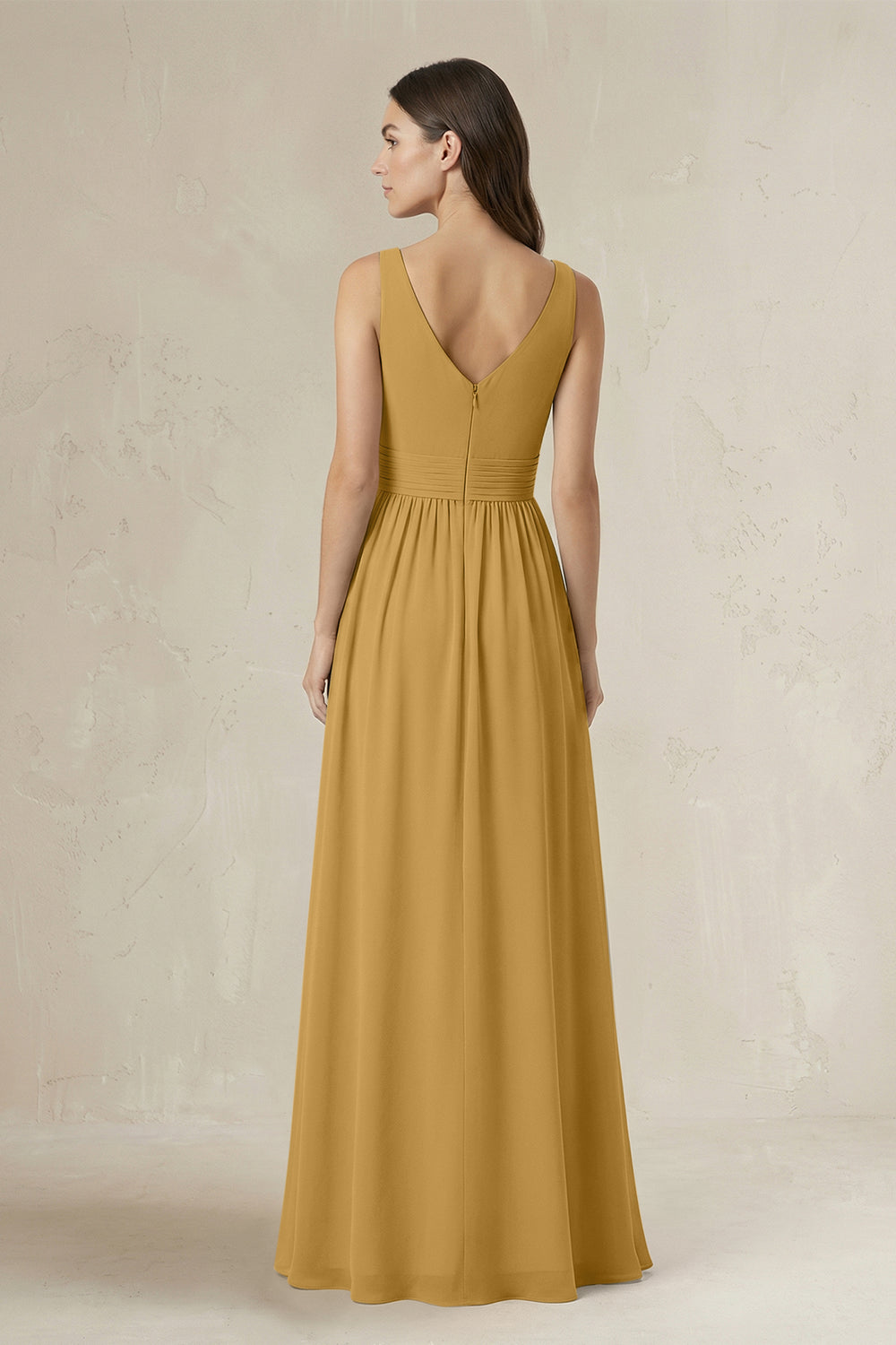 Illusion V-Neck A-Line Ruched Bridesmaid Dress in Marigold