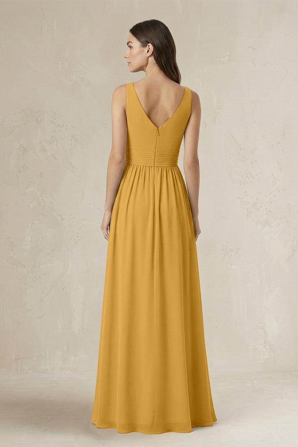 Illusion V - Neck A - Line Ruched Bridesmaid Dress in Marigold - SHE IS ME Bridesmaid Dresses