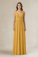 Illusion V - Neck A - Line Ruched Bridesmaid Dress in Marigold - SHE IS ME Bridesmaid Dresses