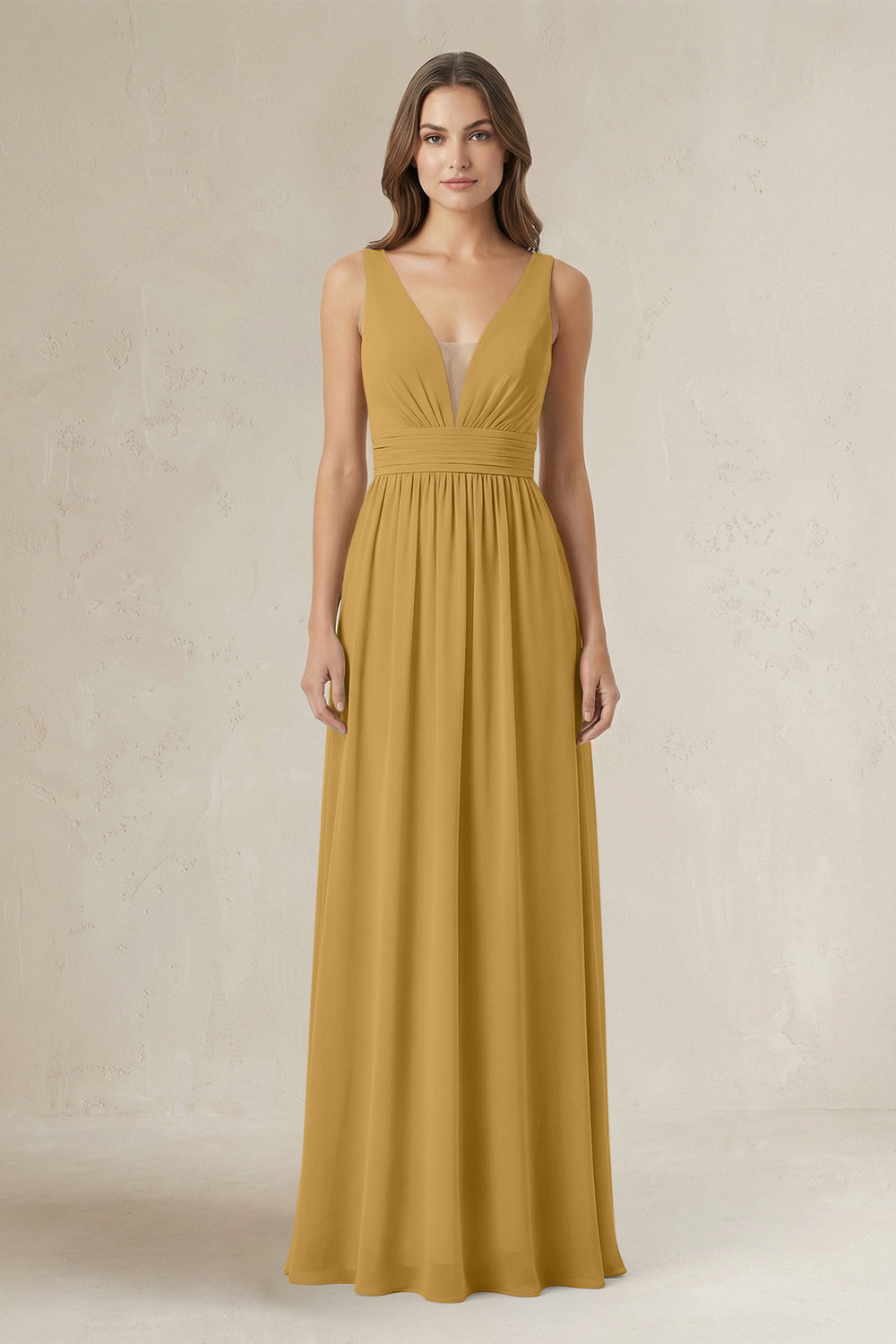 Illusion V-Neck A-Line Ruched Bridesmaid Dress in Marigold