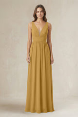 Illusion V-Neck A-Line Ruched Bridesmaid Dress in Marigold | KISSBRIDAL