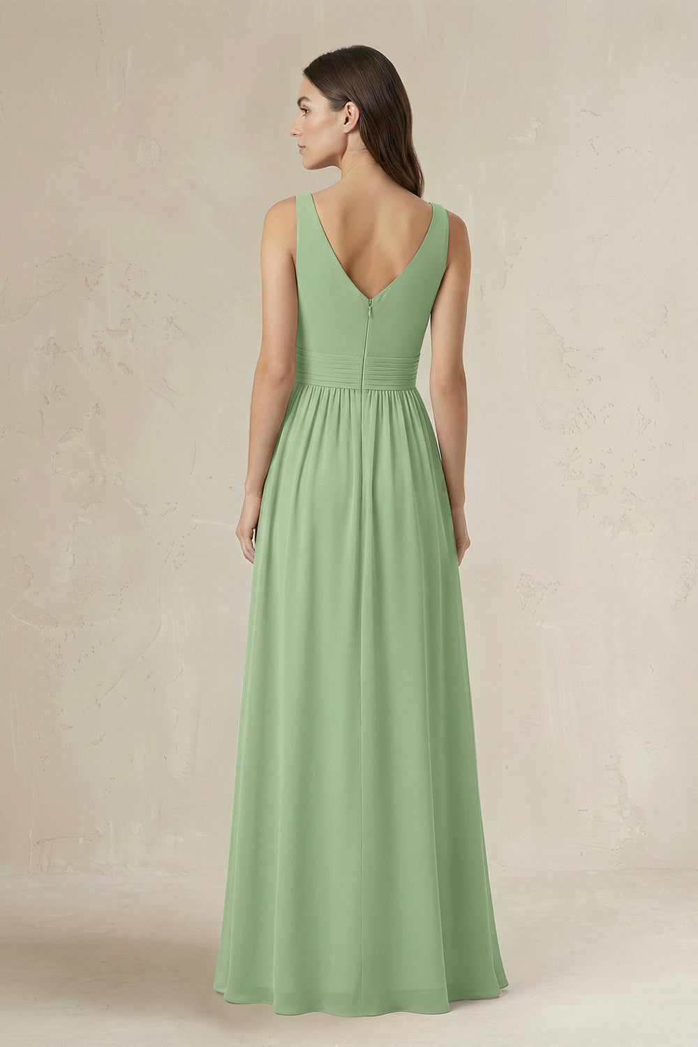 Illusion V-Neck A-Line Ruched Bridesmaid Dress in Matcha
