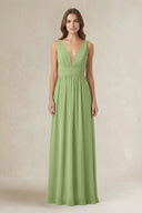 Illusion V - Neck A - Line Ruched Bridesmaid Dress in Matcha - SHE IS ME Bridesmaid Dresses