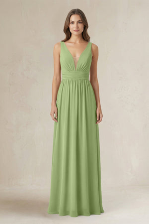 Illusion V - Neck A - Line Ruched Bridesmaid Dress in Matcha - SHE IS ME Bridesmaid Dresses