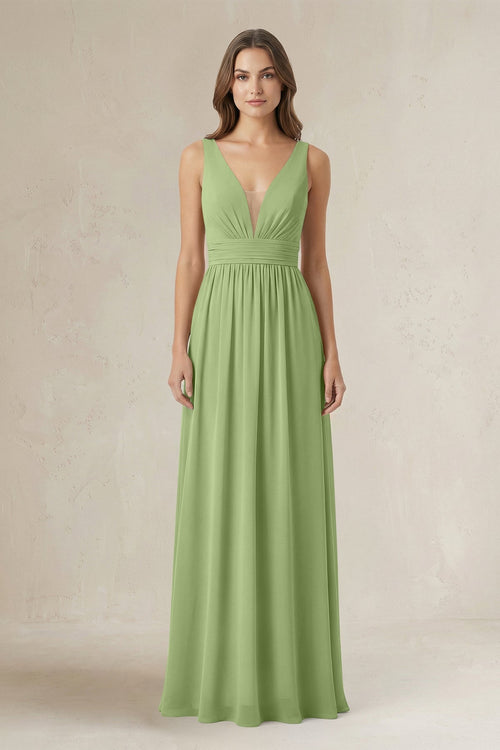 Illusion V - Neck A - Line Ruched Bridesmaid Dress in Matcha - SHE IS ME Bridesmaid Dresses