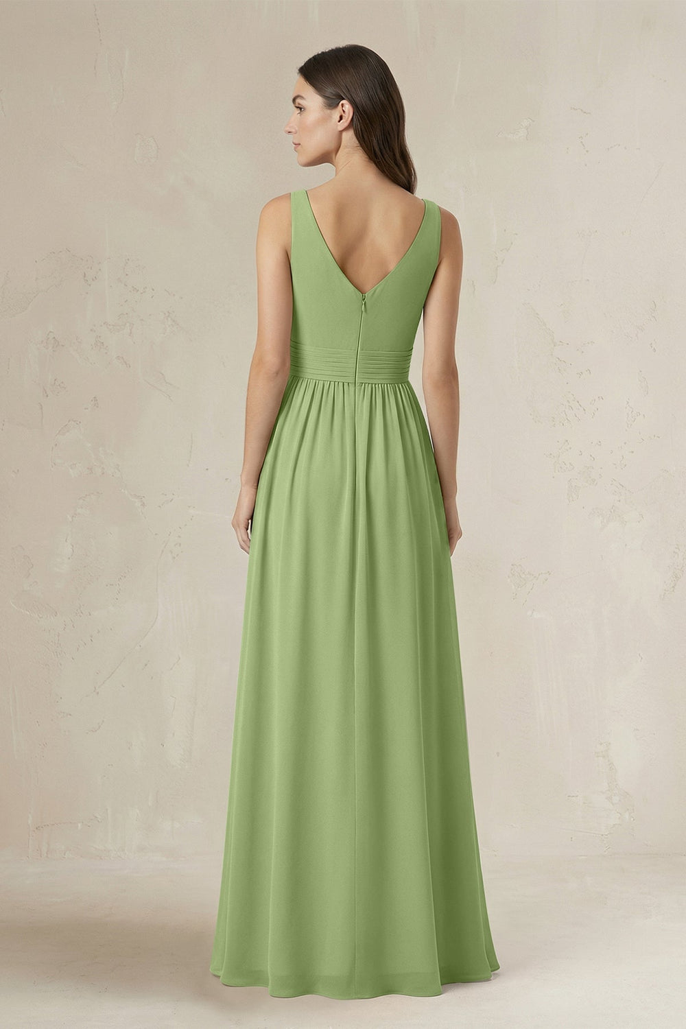 Illusion V - Neck A - Line Ruched Bridesmaid Dress in Matcha - KISS BRIDAL Bridesmaid Dresses