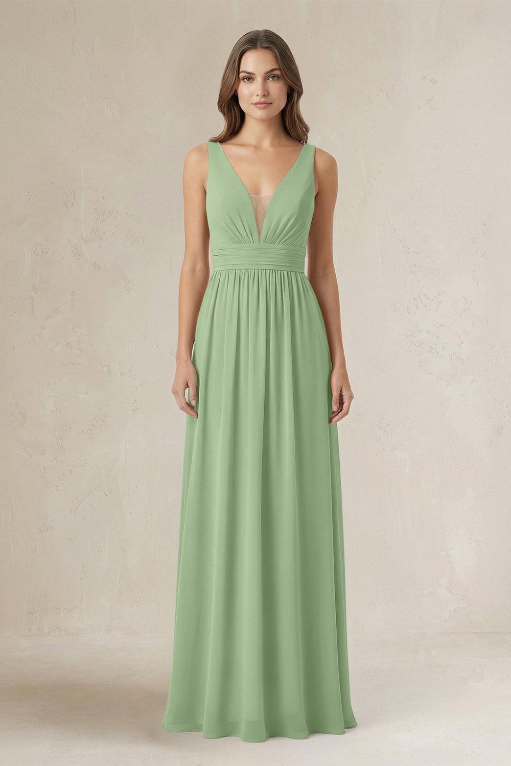 Illusion V-Neck A-Line Ruched Bridesmaid Dress in Matcha