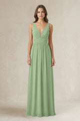 Illusion V-Neck A-Line Ruched Bridesmaid Dress in Matcha | KISSBRIDAL
