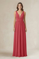 Illusion V - Neck A - Line Ruched Bridesmaid Dress in Merlot - SHE IS ME Bridesmaid Dresses