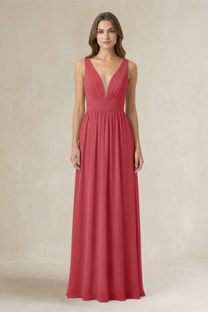 Illusion V - Neck A - Line Ruched Bridesmaid Dress in Merlot - SHE IS ME Bridesmaid Dresses