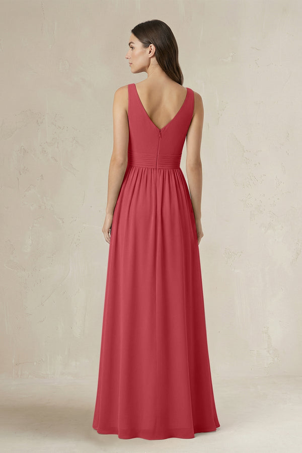 Illusion V - Neck A - Line Ruched Bridesmaid Dress in Merlot - SHE IS ME Bridesmaid Dresses