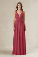 Illusion V-Neck A-Line Ruched Bridesmaid Dress in Merlot | KISSBRIDAL