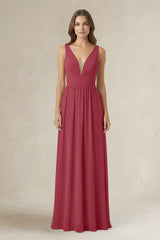 Illusion V-Neck A-Line Ruched Bridesmaid Dress in Merlot | KISSBRIDAL