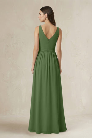 Illusion V - Neck A - Line Ruched Bridesmaid Dress in Moss - SHE IS ME Bridesmaid Dresses