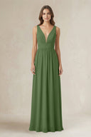 Illusion V - Neck A - Line Ruched Bridesmaid Dress in Moss - SHE IS ME Bridesmaid Dresses
