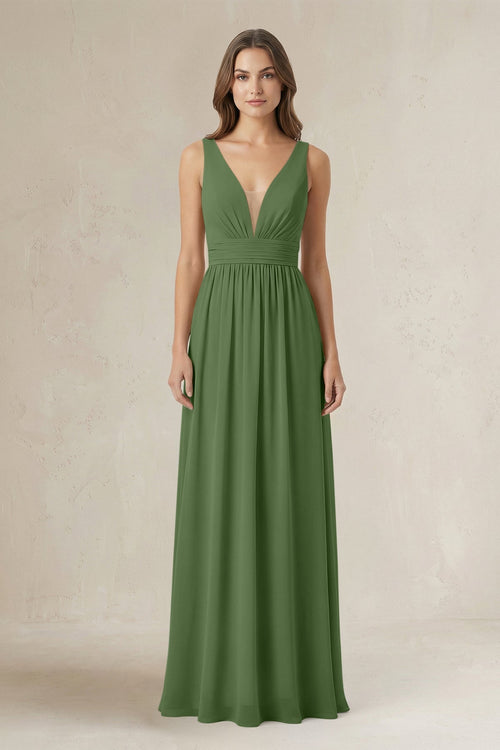 Illusion V - Neck A - Line Ruched Bridesmaid Dress in Moss - SHE IS ME Bridesmaid Dresses