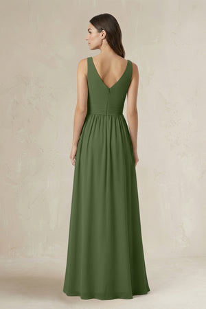 Illusion V-Neck A-Line Ruched Bridesmaid Dress in Moss (2) | KISSBRIDAL