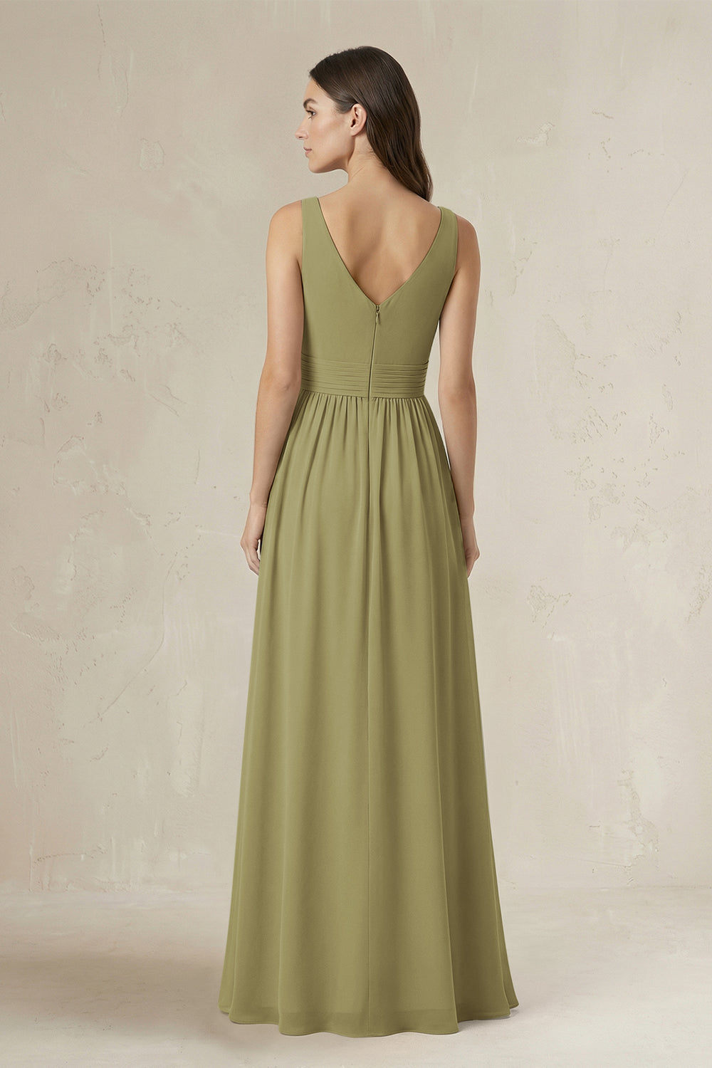 Illusion V-Neck A-Line Ruched Bridesmaid Dress in Moss Green