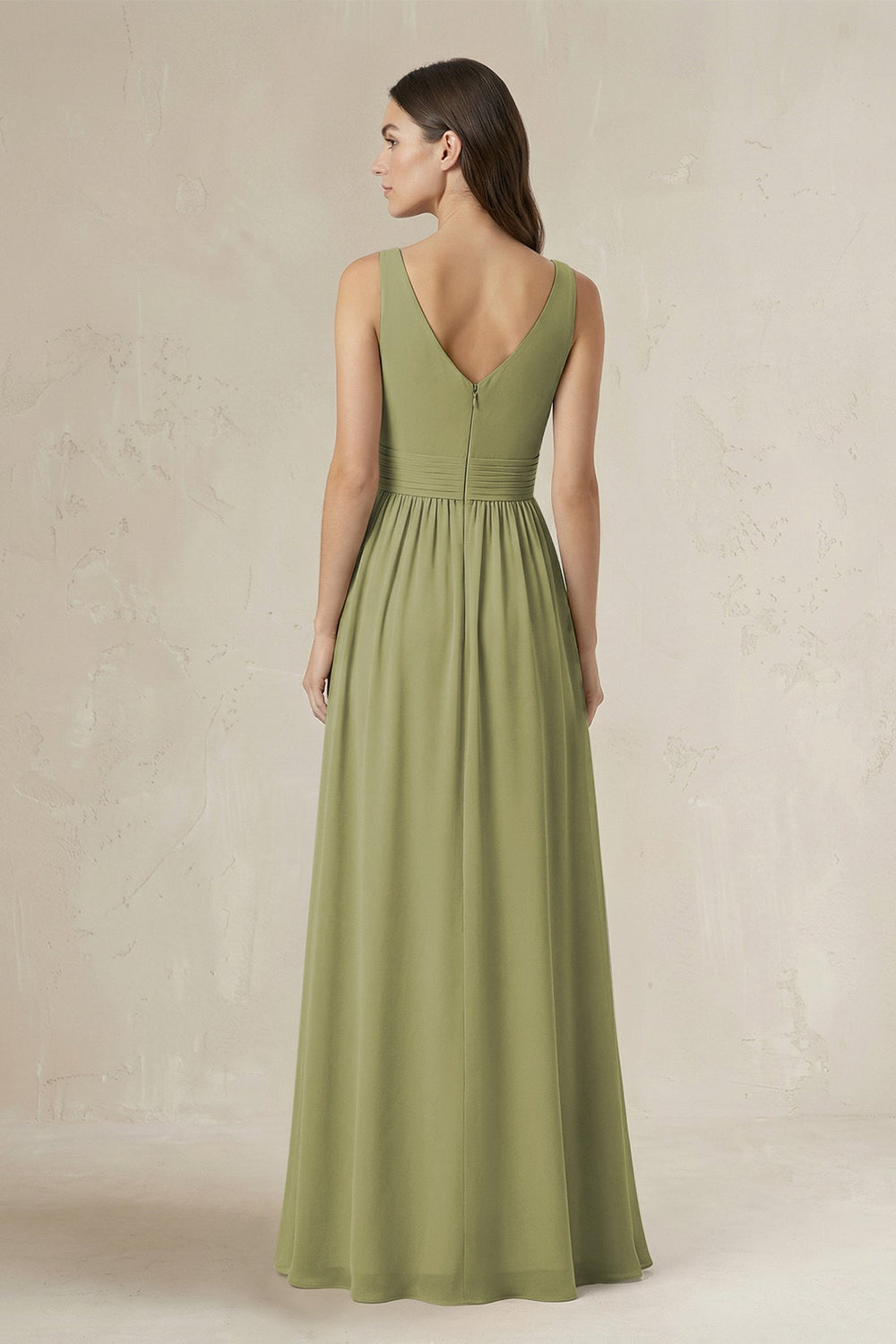 Illusion V - Neck A - Line Ruched Bridesmaid Dress in Moss Green - KISS BRIDAL Bridesmaid Dresses