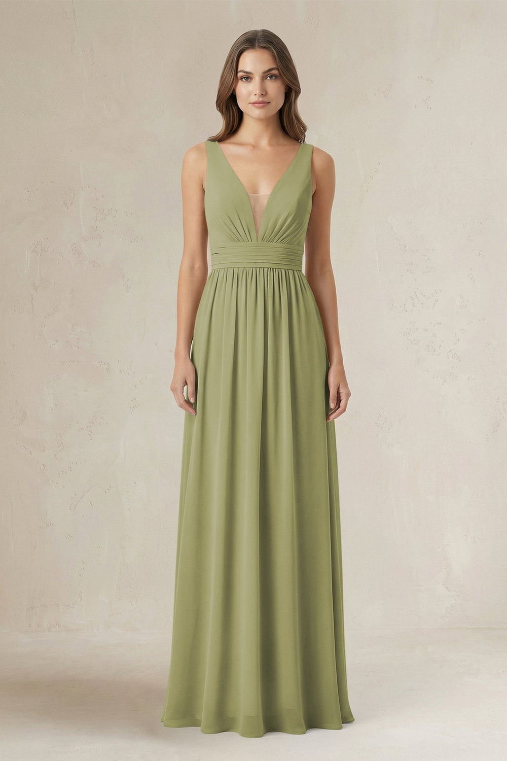 Illusion V - Neck A - Line Ruched Bridesmaid Dress in Moss Green - KISS BRIDAL Bridesmaid Dresses