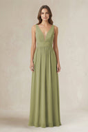 Illusion V - Neck A - Line Ruched Bridesmaid Dress in Moss Green - SHE IS ME Bridesmaid Dresses