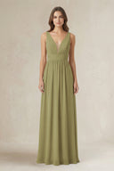 Illusion V-Neck A-Line Ruched Bridesmaid Dress in Moss Green | KISSBRIDAL