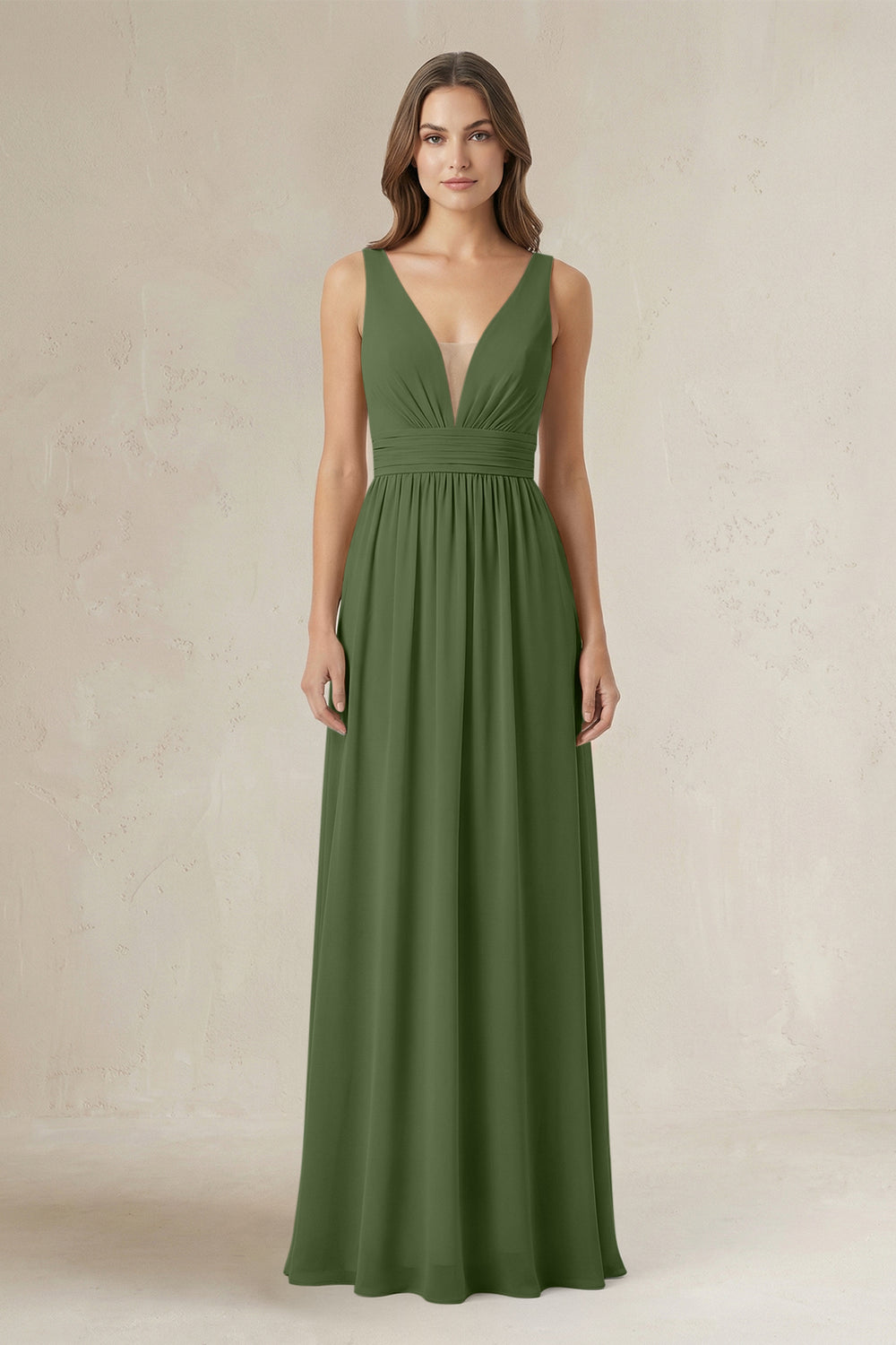 Illusion V-Neck A-Line Ruched Bridesmaid Dress in Moss