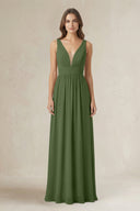 Illusion V-Neck A-Line Ruched Bridesmaid Dress in Moss | KISSBRIDAL