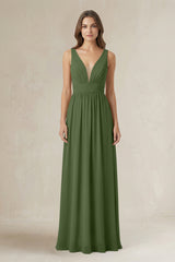 Illusion V-Neck A-Line Ruched Bridesmaid Dress in Moss | KISSBRIDAL