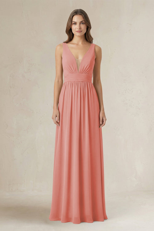 Illusion V - Neck A - Line Ruched Bridesmaid Dress in Mulberry - SHE IS ME Bridesmaid Dresses