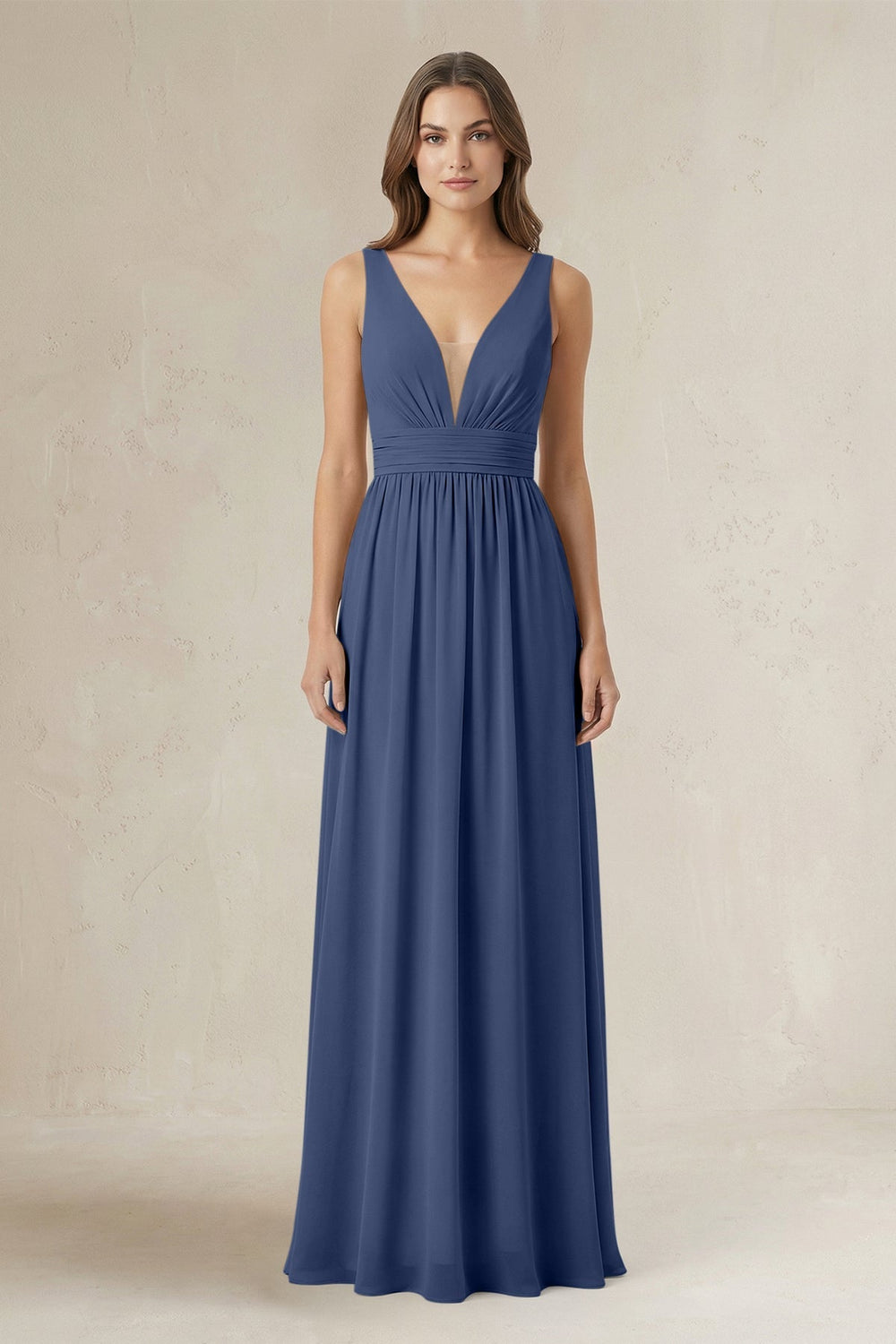 Illusion V - Neck A - Line Ruched Bridesmaid Dress in Navy - KISS BRIDAL Bridesmaid Dresses