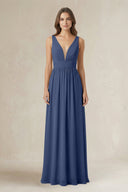 Illusion V - Neck A - Line Ruched Bridesmaid Dress in Navy - SHE IS ME Bridesmaid Dresses