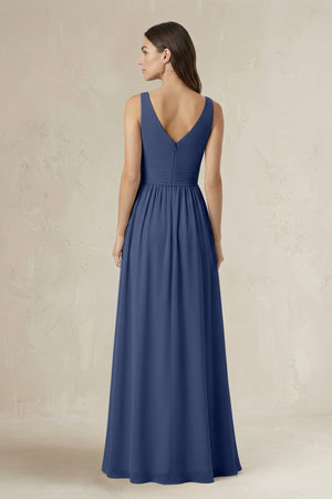 Illusion V - Neck A - Line Ruched Bridesmaid Dress in Navy - SHE IS ME Bridesmaid Dresses