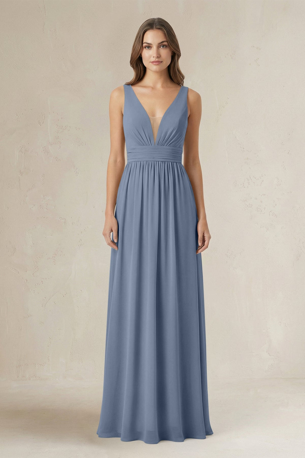 Illusion V - Neck A - Line Ruched Bridesmaid Dress in Neptune - KISS BRIDAL Bridesmaid Dresses