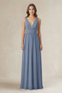 Illusion V - Neck A - Line Ruched Bridesmaid Dress in Neptune - SHE IS ME Bridesmaid Dresses