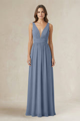 Illusion V - Neck A - Line Ruched Bridesmaid Dress in Neptune - KISS BRIDAL Bridesmaid Dresses