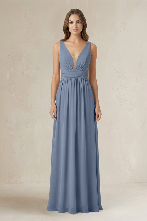 Illusion V - Neck A - Line Ruched Bridesmaid Dress in Neptune - SHE IS ME Bridesmaid Dresses