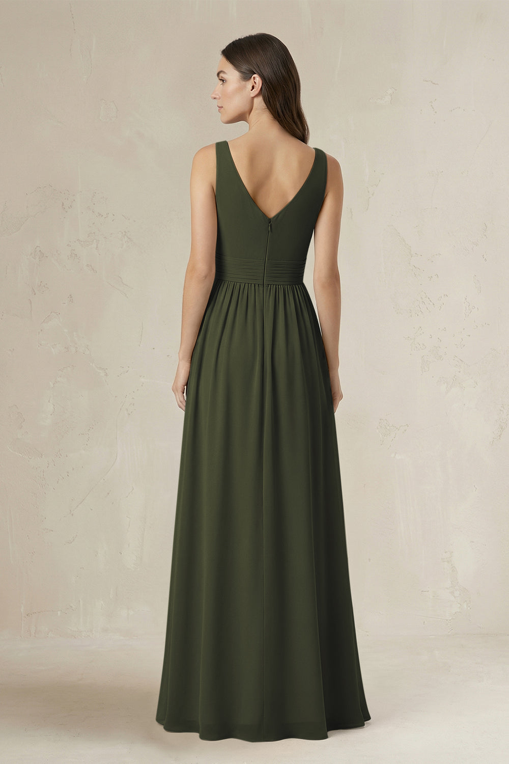 Illusion V-Neck A-Line Ruched Bridesmaid Dress in Olive