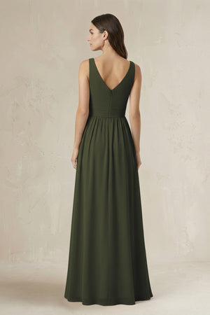 Illusion V-Neck A-Line Ruched Bridesmaid Dress in Olive (2) | KISSBRIDAL
